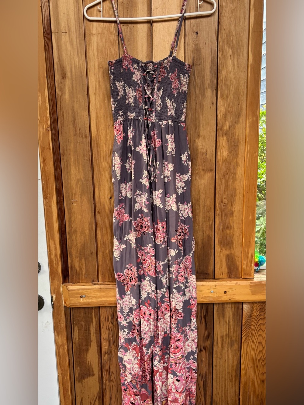 Angie Floral Wide-Leg Jumpsuit Smocked Lace-Up Corset Bodice Size S